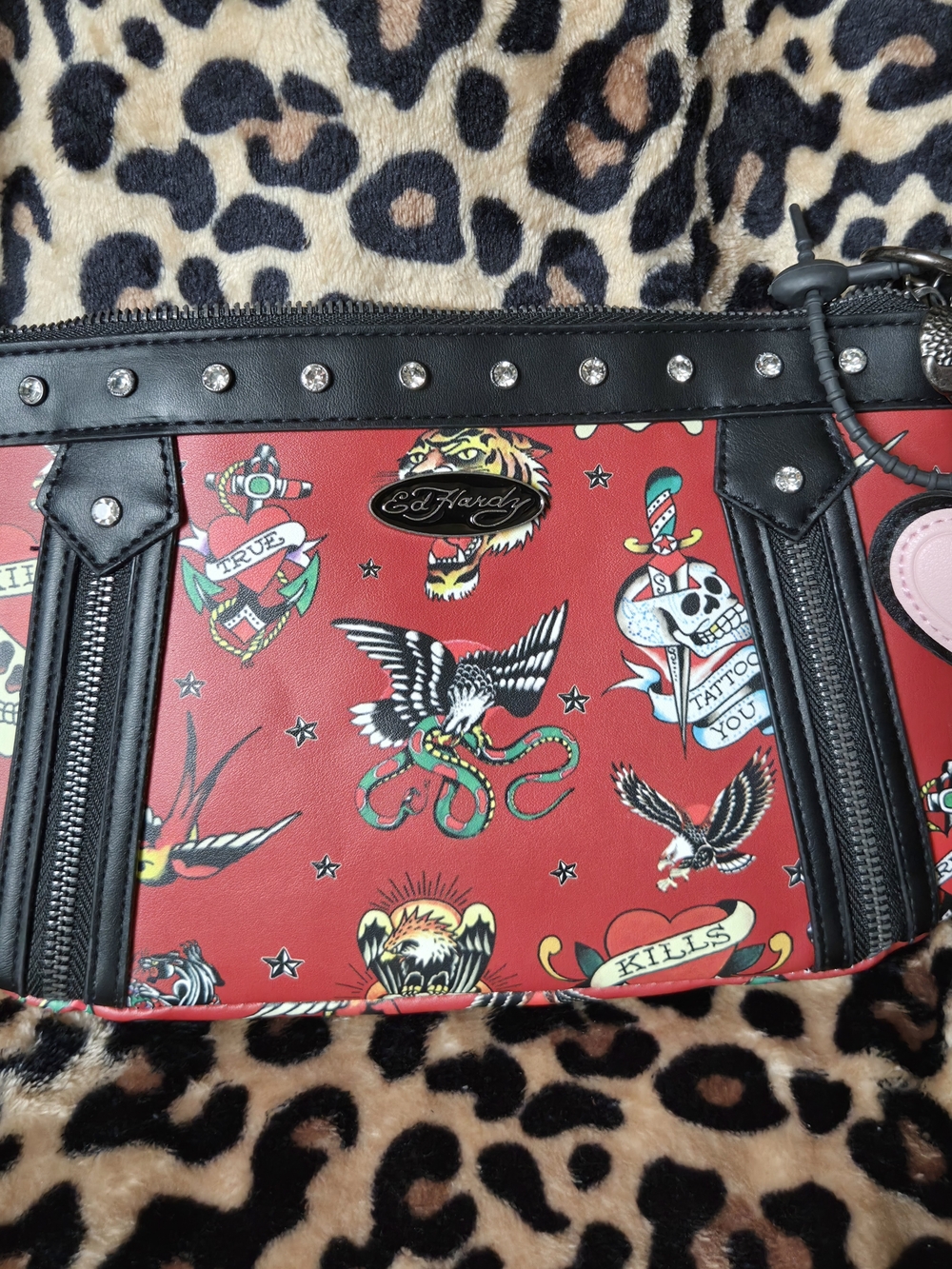 Ed Hardy Red Tattoo-Print Shoulder Bag with Black Trim